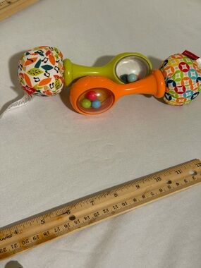 Fisher-Price Orange & Green Rattle with Patterned Fabric Ends